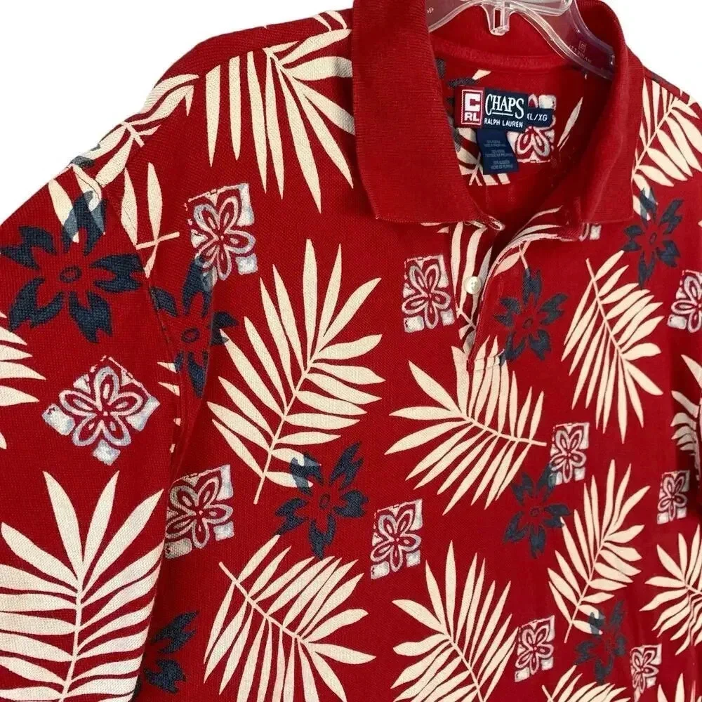 Ralph Lauren Chaps Vintage Hawaiian Short Sleeve Knit Polo Shirt XL Red Cotton